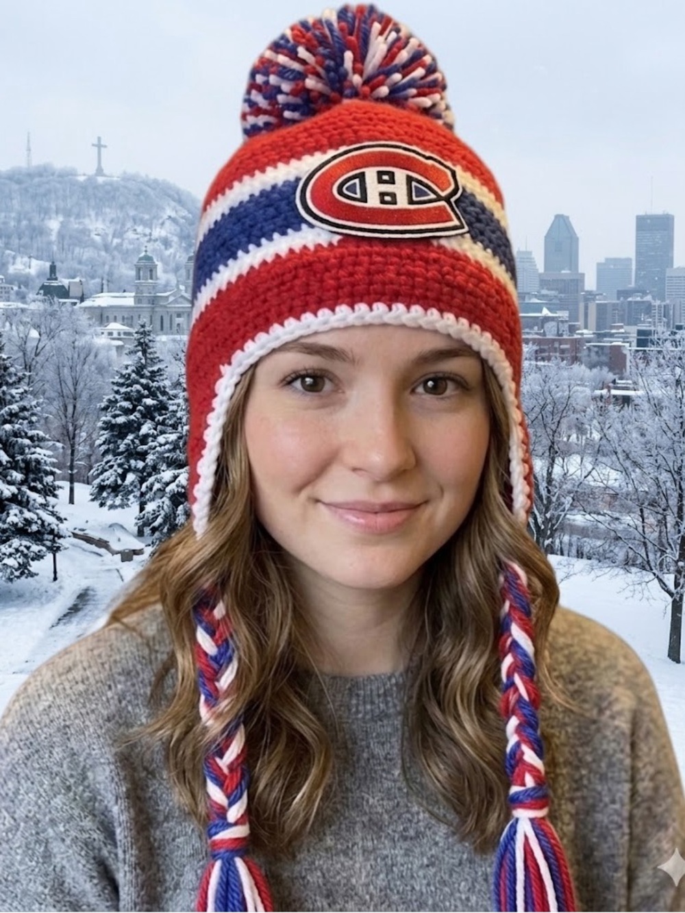 Montreal Canadiens Pom Pom Earflap Hat with braids